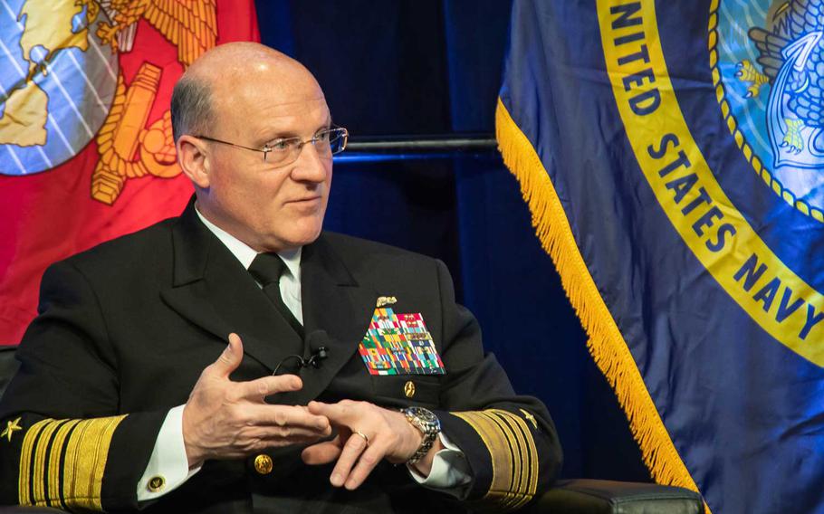 Adm. Michael Gilday, Chief of Naval Operations, addresses a question during a Sea Service Chiefs town hall panel discussion at the WEST 2020 conference, March 2, 2020.  On Tuesday, June 9, Gilday directed his staff to begin to write an order that would prohibit the Confederate battle flag from all public spaces and work areas on Navy installations, ships, aircraft and submarines, Cmdr. Nate Christensen, Gilday’s spokesman, said in a statement.