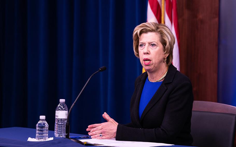 Under Secretary of Defense for Acquisition and Sustainment, Ellen M. Lord speaks to members of the press during a press briefing at the Pentagon, Washington D.C., Oct. 18, 2019. 