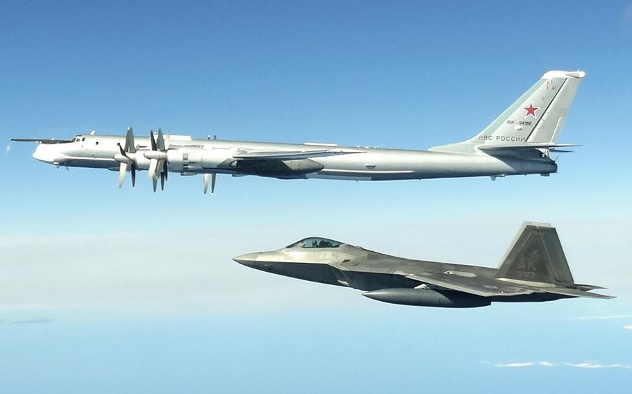 North American Aerospace Defense Command F-22 Raptors, supported by KC-135 Stratotankers and an E-3 Airborne Warning and Control System, successfully completed two intercepts of Russian bomber aircraft formations entering the Alaskan Air Defense Identification Zone.