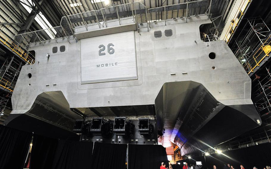In a Dec. 7, 2019 photo, LCS 26, the future USS Mobile, is christened at Austal USA in Mobile, Ala.