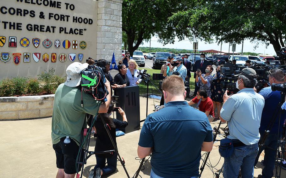 Gloria Guillen, the mother of missing Fort Hood soldier Pfc. Vanessa Guillen speaks with the media on June 23, 2020 outside the main entrance to Fort Hood, Texas. The young soldier was last seen April 22 and her disappearance has gained national attention. 