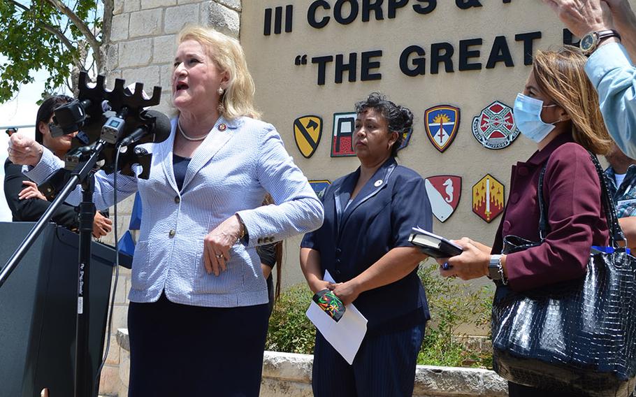 Rep. Sylvia Garcia, D-Texas, speaks with the media outside the main entrance to Fort Hood, Texas, on June 23, 2020 about the investigation to find Pfc. Vanessa Guillen, who has been missing for two months. 