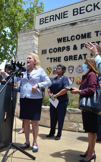 Rep. Sylvia Garcia, D-Texas, speaks with the media outside the main entrance to Fort Hood, Texas, on June 23, 2020 about the investigation to find Pfc. Vanessa Guillen, who has been missing for two months. 