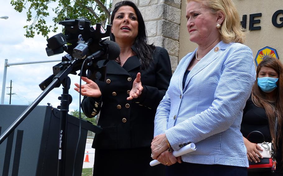 Natalie Khawam, the attorney for the family of missing Fort Hood soldier Pfc. Vanessa Guillen, and Rep. Sylvia Garcia, D-Texas, speak with the media on June 23, 2020 outside the main entrance to Fort Hood, Texas.