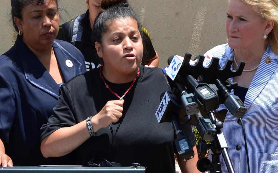 Gloria Guillen, the mother of then-missing Fort Hood soldier Pfc. Vanessa Guillen, 20, speaks with the media on June 23, 2020 outside the main entrance to Fort Hood, Texas.