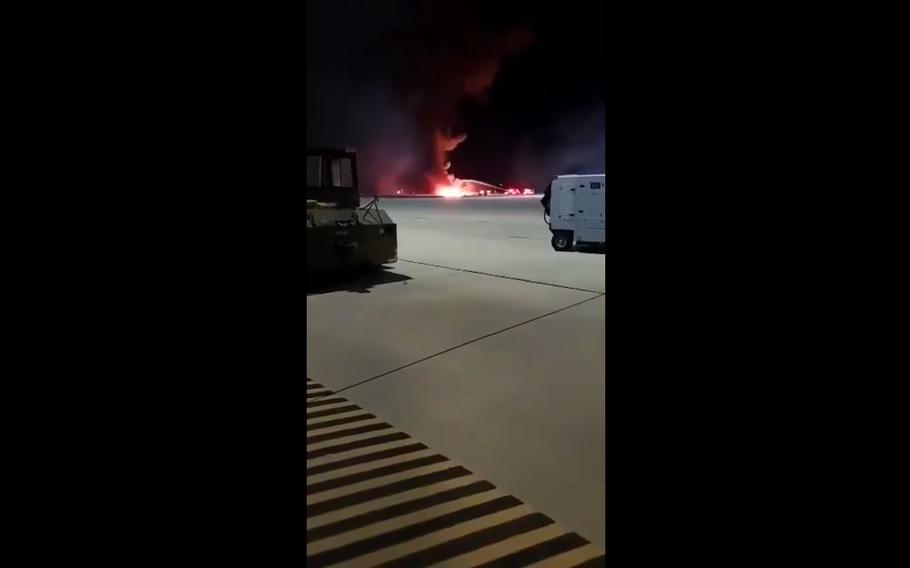 This screenshot from a video posted to Facebook shows the Air Force F-16CM Fighting Falcon that crashed late Tuesday during “a routine training mission” at Shaw Air Force Base, S.C.