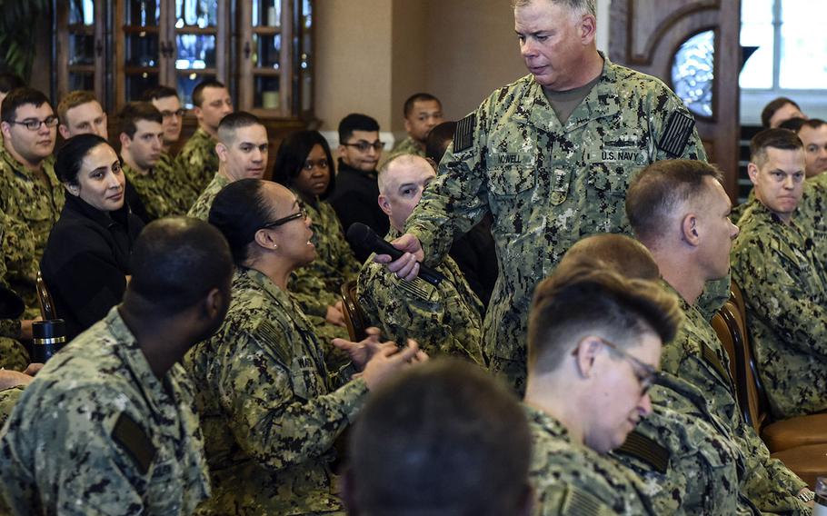 In a Nov. 18, 2019 photo, Chief of Naval Personnel Vice Adm. John Nowell engages with sailors during a MyNavyHR Career Development Symposium at Naval Station Mayport, Fla.