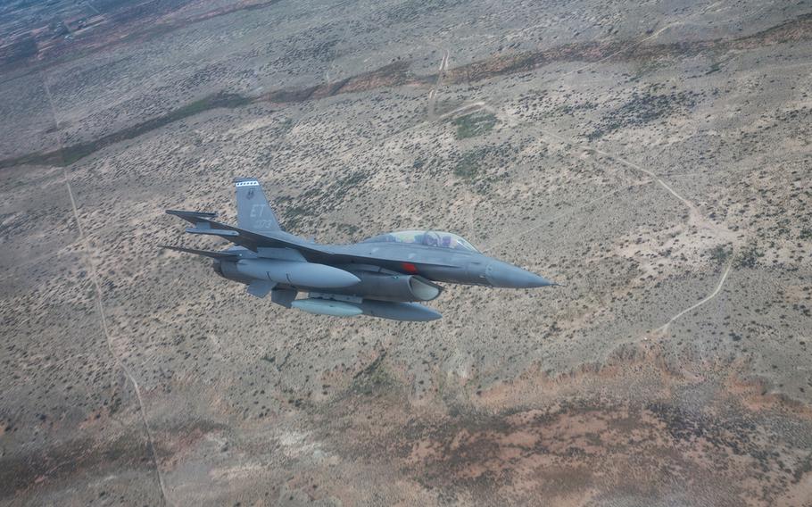 An F-16 approaches Holloman Air Force Base, New Mexico, April 21, 2019.