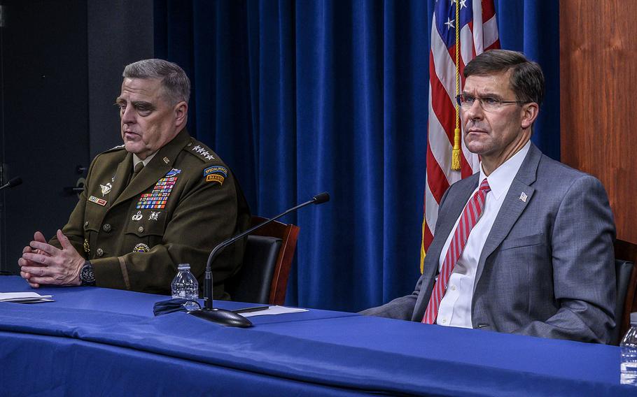 Chairman of the Joint Chiefs of Staff Army Gen. Mark A. Milley and Defense Secretary Dr. Mark T. Esper, during a virtual global town hall at the Pentagon, July 17, 2020.