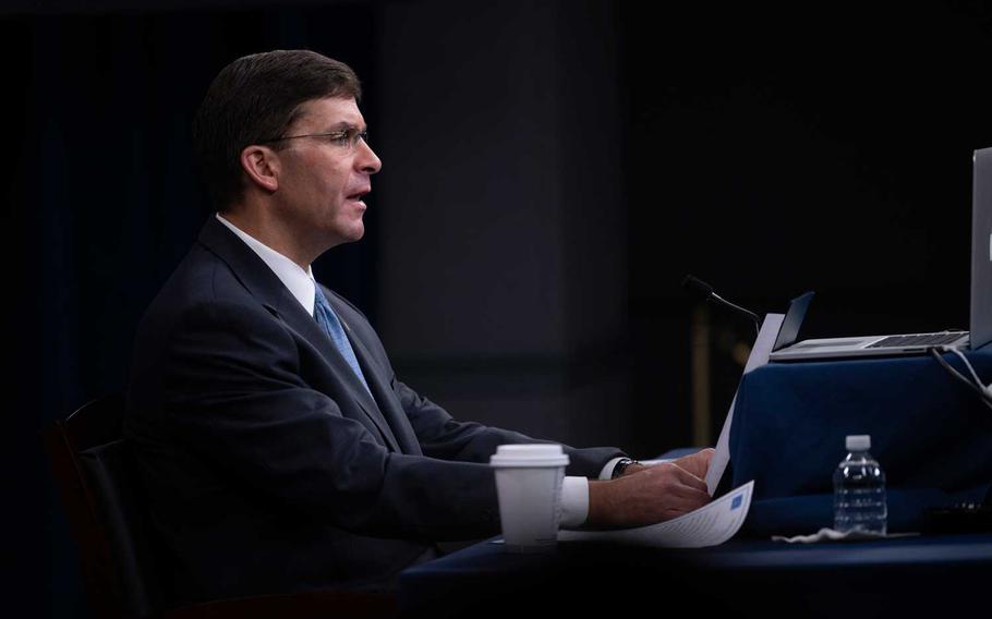 Defense Secretary Mark Esper speaks at the Pentagon July 21, 2020, during a virtual address to the International Institute for Strategic Studies, a London-based think tank.