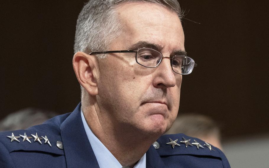 Gen. John E. Hyten listens during his Senate Armed Services Committee confirmation hearing to serve as vice chairman of the Joint Chiefs of Staff, July 30, 2019 on Capitol Hill.