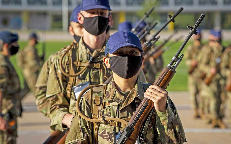Maximizing social distancing precautions, this year's class of 2024 Basic Cadets were split into two groups of four squadrons for the March Out to Jack's Valley for Basic Cadet Training at the US Air Force Academy in Colorado Springs, Colo., on Monday, July 20, 2020.