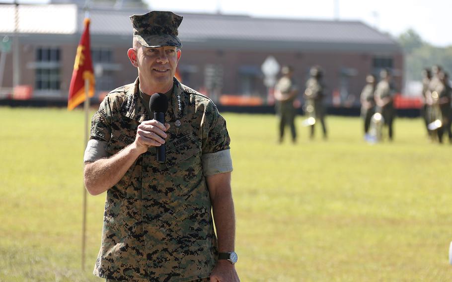 Commandant of the Marine Corps Gen. David H. Berger attends a change of command ceremony aboard Stone Bay, N.C., June 26, 2020. 