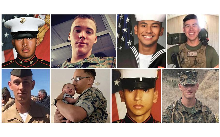 The Marine Corps identified seven Marines and one sailor presumed dead, and another Marine whose body was recovered after an accident Thursday involving an assault amphibious vehicle in Southern California. They include, top row, Pfc. Bryan J. Baltierra, Pfc. Evan A. Bath, Navy Seaman Christopher Gnem and Lance Cpl. Guillermo S. Perez (recovered); and bottom row, Lance Cpl. Chase D. Sweetwood, Cpl. Wesley A. Rodd, Cpl. Cesar A. Villanueva and Pfc. Jack Ryan Ostrovsky. Not pictured is Lance Cpl. Marco A. Barranco.