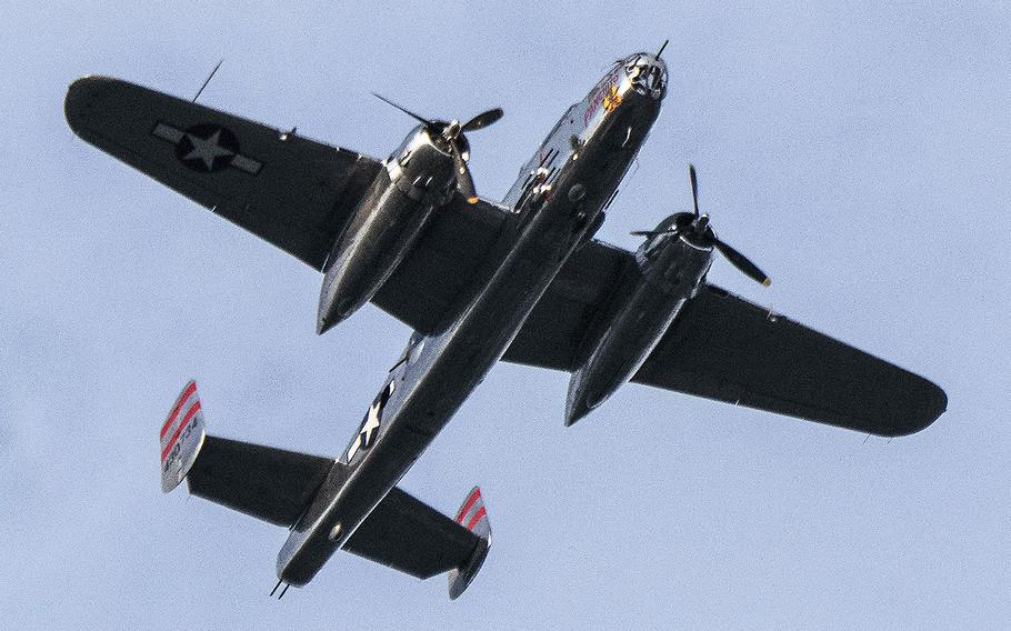 The B-25 medium bomber "Panchito," seen here flying over northern Virginia on its way to the Salute to America Flyover in July, is among the dozens of planes that were scheduled to take part in the Arsenal of Democracy Flyover that was originally planned for May.