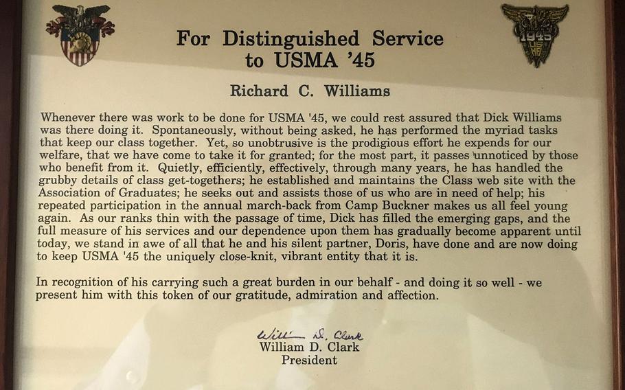 An award Col. Richard Williams received for his work organizing class gatherings and keeping the Class of 1945 connected over the years.