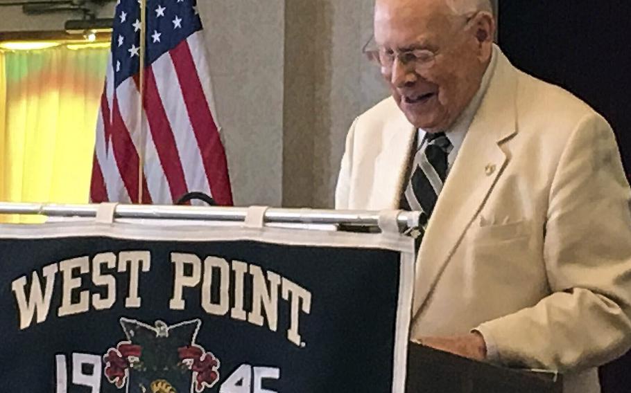 In an undated photo, Col. Richard Williams serves as master of ceremonies at a West Point Class of 1945 event. He did this regularly, but his son, Mike, has recently taken over those duties.