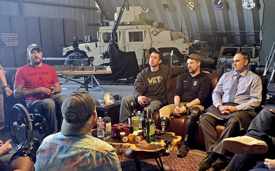 Pictured on the set in early 2020 at March Air Force Base in Riverside, Calif., of video-on-demand channel VET-Tv's new documentary series "Veterans Laughing Together" are, left to right, Marine veteran Paul Gardner, Marine veteran and VET-Tv founder Donny O'Malley, Army veteran Joseph James and Army Special Forces veteran Nathan Smith.

