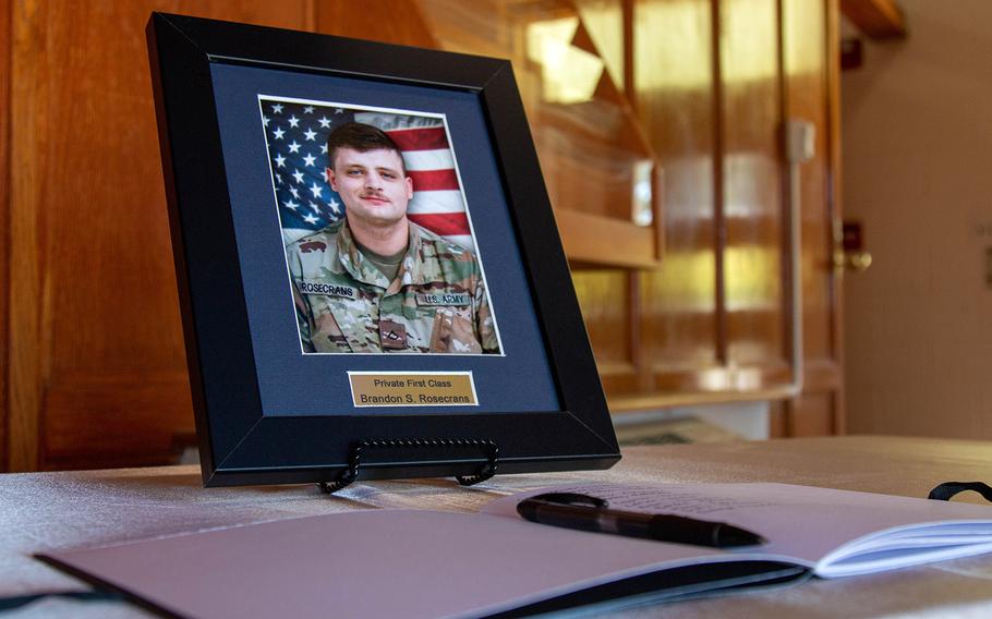 Leaders, the Rosecrans family, friends and fellow soldiers gathered for the 3rd Armored Brigade Combat Team, 1st Cavalry Division's unit memorial ceremony in honor of Pfc. Brandon Rosecrans at the Operation Iraqi Freedom Chapel on Fort Hood, Texas, Aug. 6, 2020.