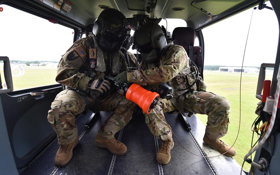 Soldiers with the Louisiana National Guard make preparations for Hurricane Laura on Aug. 24, 2020