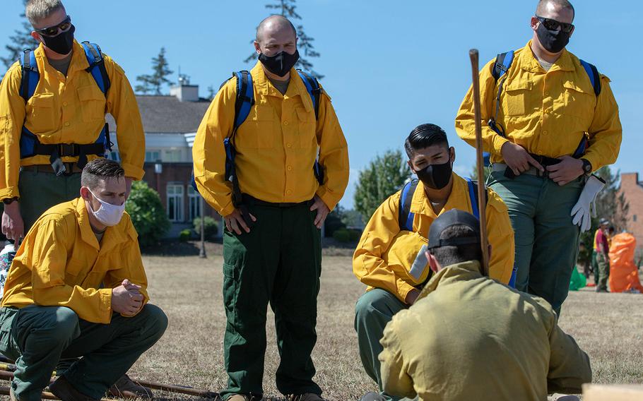 About 200 soldiers from the 14th Brigade Engineer Battalion from Joint Base Lewis-McChord, Wash., trained with the National Interagency Fire Center through the weekend. On Monday, they traveled to northern California to help fight wildfires in the Mendocino National Forest.