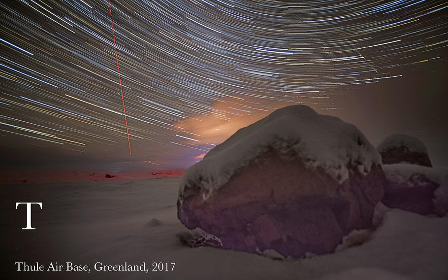 Two hundred and sixteen images were shot over the course of 54 minutes and later combined to show the star trails over Thule Air Base, Greenland, Dec 11, 2017. Thule is the most northern base United States military members are stationed at around the world. 