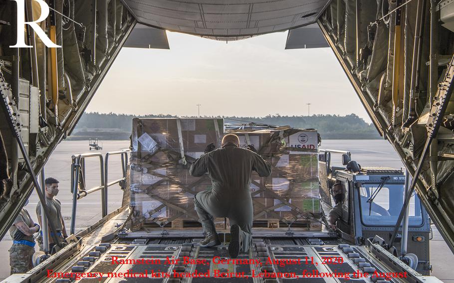 U.S. Air Force Staff Sgt. Clayton Merritt, 37th Airlift Squadron loadmaster, directs a cargo loader at Ramstein Air Base, Germany, Aug. 11, 2020. On behalf of the U.S. Agency for International Development, Ramstein Airmen transported emergency medical kits to Beirut, Lebanon, that will support up to 60,000 people for three months to treat victims of a recent explosion as well as COVID-19 patients.  The medical supplies include medicines, bandages, gauze, examination gloves, thermometers, and syringes.