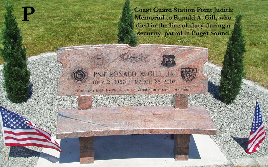 The family of Cranston, R.I. native Ronald A. Gill joined Coast Guardsmen from around the country May 30, 2008, at Coast Guard Station Point Judith to dedicate a memorial to the fallen sailor who died in the line of duty during a security patrol in Puget Sound in March 2007. Gill's widow Ambur, his daughter Gracie, and parents Ronald and Rosemary unveiled a granite bench, inscribed with the words "Think not upon my passing, but remember the glory of my spirit," as other family members and friends looked on. Gill, 26, was a port security specialist assigned to Coast Guard Maritime Safety and Security Team 91111 in Anchorage, Alaska. 