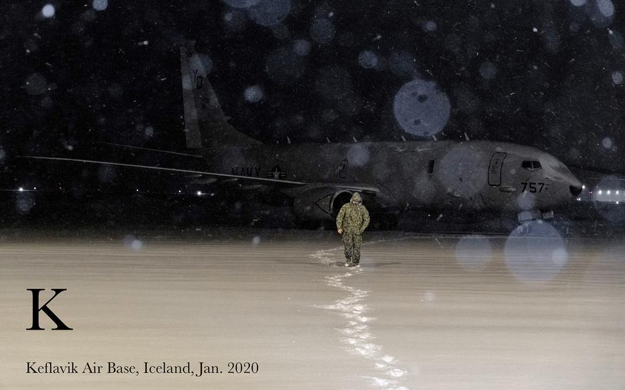 Aviation Electronics Technician 2nd Class Cody Forrester, assigned to the Skinny Dragons of Patrol Squadron (VP) 4 makes his way back to the squadron's hangar spaces on Keflavik Air Base, Jan. 02, 2020.  