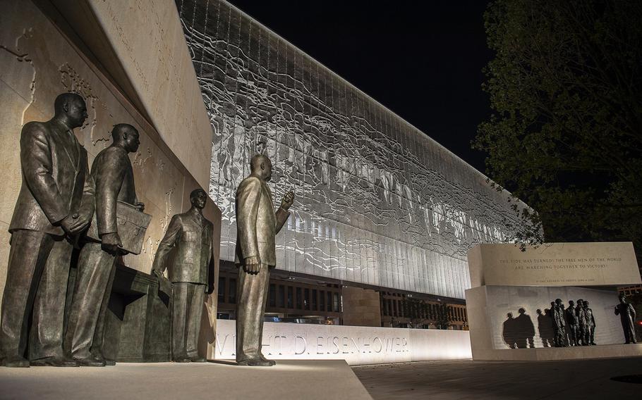 At left, a display that features sculptures depicting the 34th president standing with military and civilian advisors faces a display with sculptures depicting Gen. Eisenhower standing with paratroopers of the 101st Airborne Division before the Battle of Normandy at the new Dwight D. Eisenhower Memorial in Washington D.C., as seen on Sept. 8, 2020.