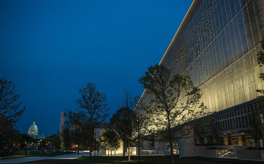 Supported by six 80-foot stone-clad columns, an artistically-woven stainless steel tapestry, depicting the Pointe du Hoc promontory of France's Normandy coastline, frames the south side of the new Dwight D. Eisenhower Memorial in Washington D.C., as seen on Sept. 8, 2020.