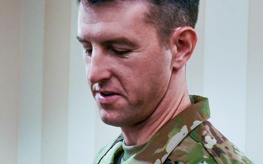 Army Sgt Maj. Thomas Patrick Payne speaks on Wed., Sept. 9, 2020 about actions in Iraq in Oct. 2015 for which he will receive the Medal of Honor on Sept. 11, 2020.