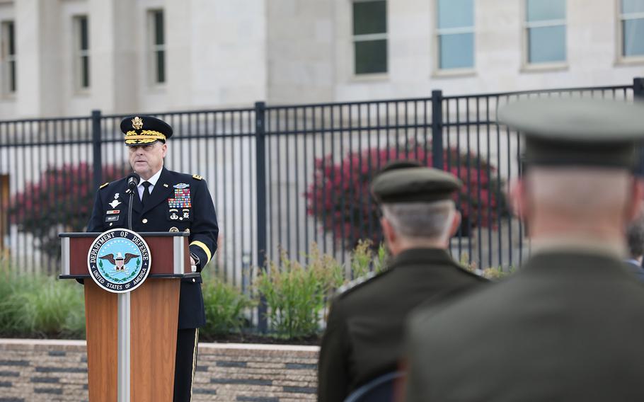 Gen. Mark Milley, chairman of the Joint Chiefs of Staff, speaks during the Pentagon's 9/11 observance ceremony in the National 9/11 Pentagon Memorial located across from the site of the attack on Friday, Sept. 11, 2020.