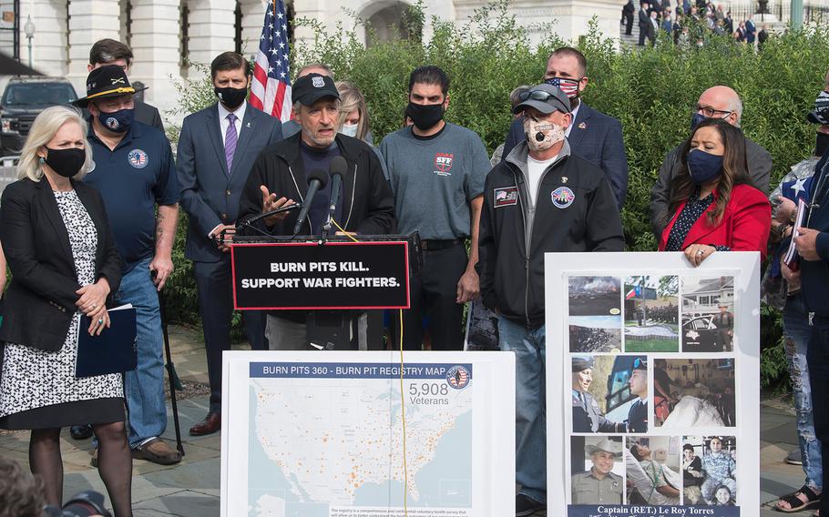 Comedian Jon Stewart speaks in front of the U.S. Capitol in Washington on Tuesday, Sept. 15, 2020, as advocates lobby for legislation that would provide benefits to military veterans who have been exposed to toxins from burn pits used at overseas locations.