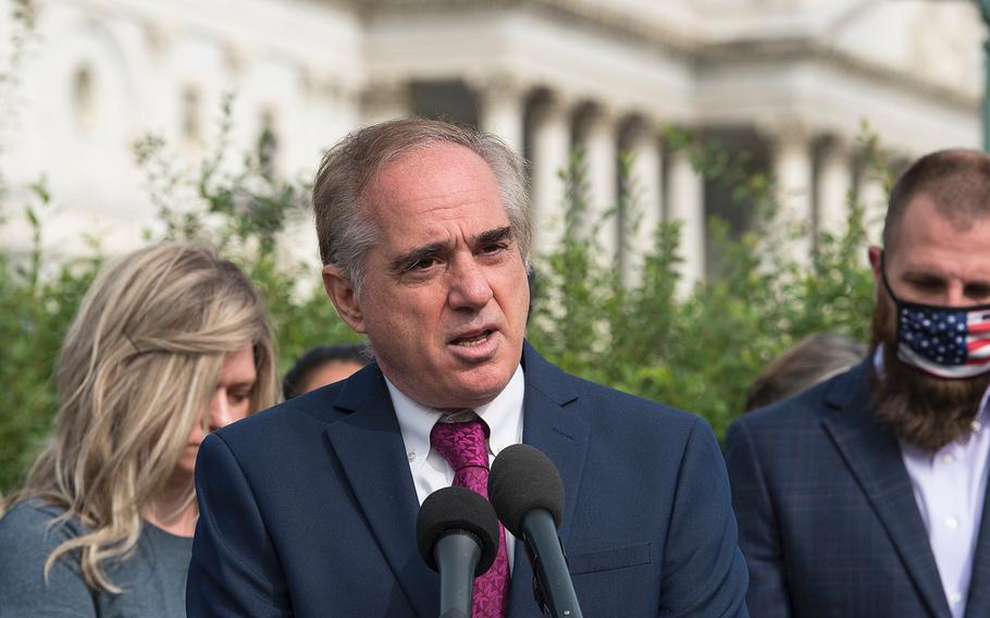 Former Veterans Affairs Secretary David Shulkin speaks in front of the U.S. Capitol in Washington on Tuesday, Sept. 15, 2020, as advocates lobby for legislation that would provide benefits to military veterans who have been exposed to toxins from burn pits used at overseas locations.