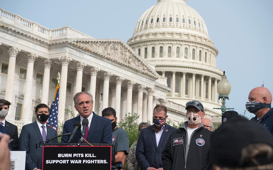 Former Veterans Affairs Secretary David Shulkin speaks in front of the U.S. Capitol in Washington on Tuesday, Sept. 15, 2020, as advocates lobby for legislation that would provide benefits to military veterans who have been exposed to toxins from burn pits used at overseas locations.
