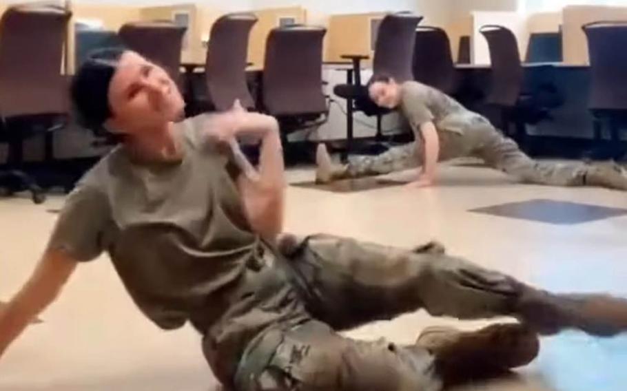 Kamryn Vinson dances to the song "WAP" with a fellow member of the Arkansas Army National Guard in this screenshot from a video posted to TikTok in August 2020. 