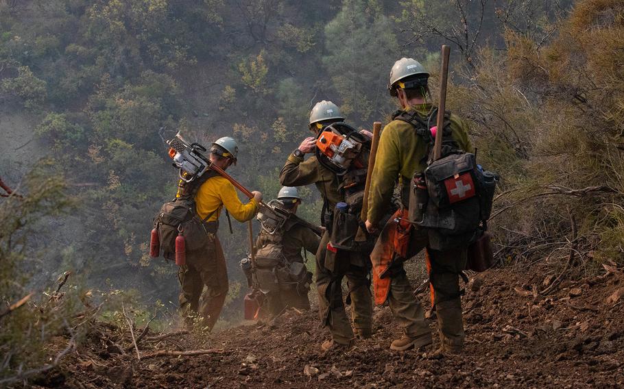About 200 soldiers from Joint Base Lewis-McChord, Wash., arrive in northern California on Aug. 31, 2020, to help combat the August Complex Fire that covers more than 817,000 acres.