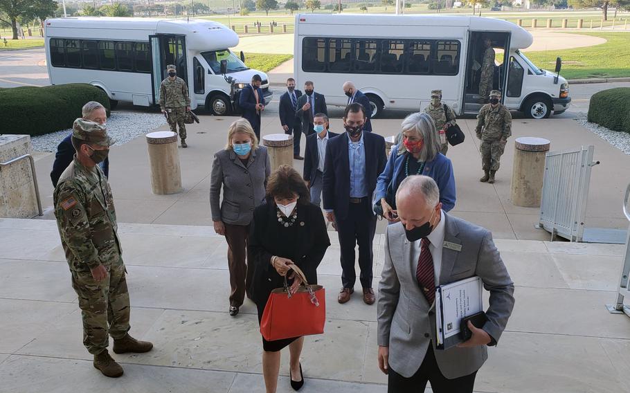 An eight-member congressional delegation on Friday visited Fort Hood, Texas, as part of an inquiry into the Army base. Acting base commander, Maj. Gen. John Richardson, far left, pledged to provide the lawmakers detailed information to give a “full understanding of the challenges Fort Hood is facing.” 