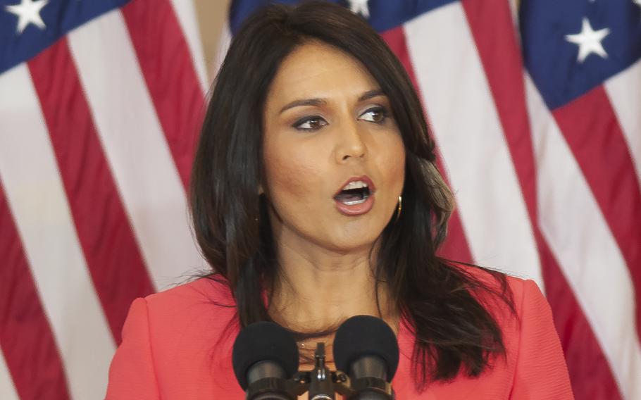 Rep. Tulsi Gabbard, D-Hawaii, attends a ceremony at the U.S. Capitol on Oct. 25, 2017. The Hawaii congresswoman on Thursday, Sept. 17, 2020, announced that she cosponsored the Election Fraud Prevention Act, a bi-partisan bill aimed at preventing ballot harvesting fraud in U.S. elections.