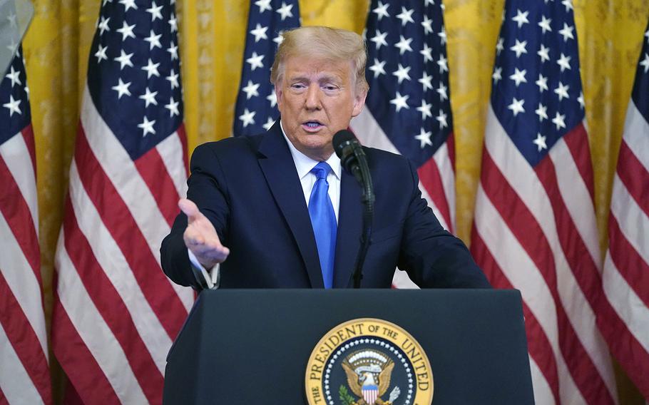 President Donald Trump speaks during an event to honor Bay of Pigs veterans, in the East Room of the White House, Wednesday, Sept. 23, 2020, in Washington.