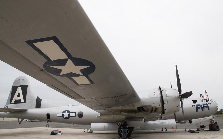The B-29 Superfortress "FiFi" during a Thursday media event for Friday's Arsenal of Democracy flyover of Washington, D.C.