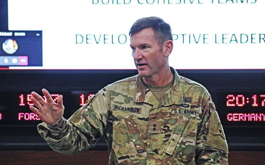Maj. Gen. John Richardson, deputy commander of III Corps and Fort Hood, speaks Friday to a room of brigade-level command teams regarding Operation Phantom Action at III Corps headquarters.