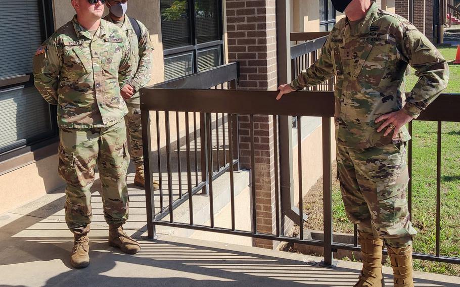 Maj. Gen. John Richardson, deputy commander of III Corps and Fort Hood, visits a barracks building within the 3rd Cavalry Regiment to discuss Operation Phantom Action, a five-day training pause that kicked off a yearlong trust-building initiative among soldiers and leaders. The corps plans to expand the initiative to three other bases under its command.
