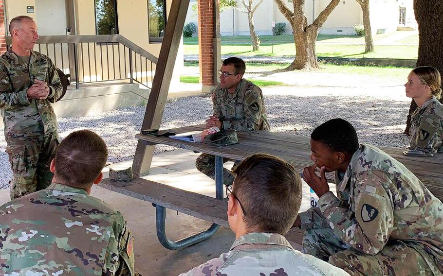Command Sgt. Maj. Cliff Burgoyne Jr., top enlisted adviser for III Corps and Fort Hood, explains the three main points of emphasis of Operation Phantom Action on Tuesday to newly arrived Fort Hood troopers at the III Corps Replacement Detachment.