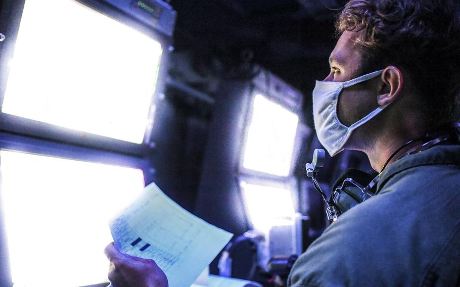 A sailor stands watch in the mission control center aboard the Freedom-variant littoral combat ship USS Sioux City (LCS 11), Oct. 8, 2020.  Sioux City is deployed to the U.S. 4th Fleet area of operations to support Joint Interagency Task Force South's mission, which includes counter illicit drug trafficking in the Caribbean and Eastern Pacific.