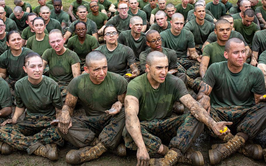 Recruits with India Company, 3rd Recruit Training Battalion, repeat back commands during a Marine Corps Martial Arts Program training session Dec. 30, 2019 at Marine Corps Recruit Depot Parris Island, S.C.