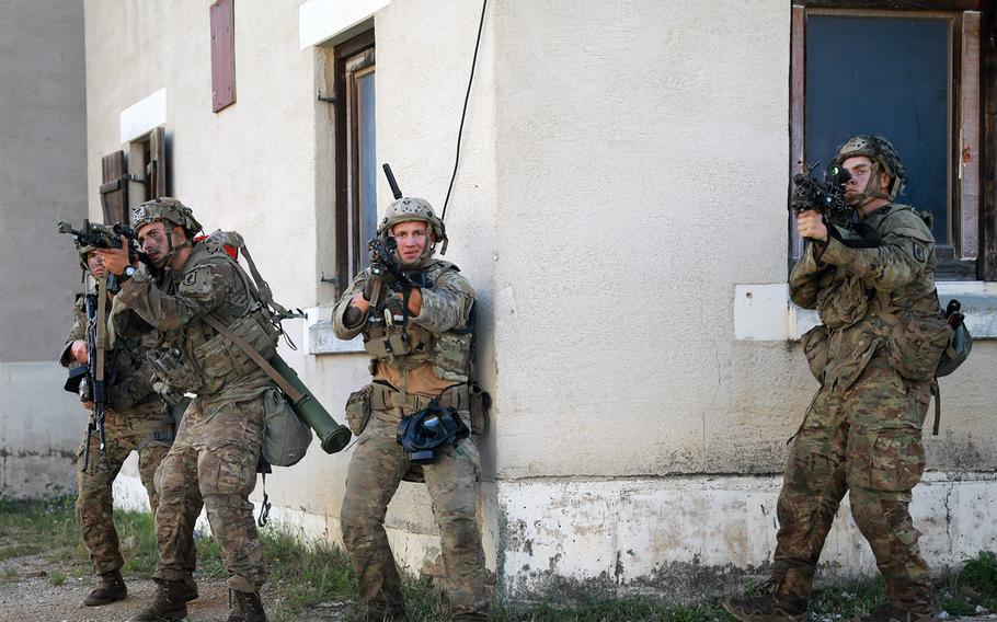 Paratroopers assigned to the 173rd Airborne Brigade tactically clear a town during Exercise Saber Junction 20 at the Hohenfels Training Area, Germany, Aug. 24, 2020.