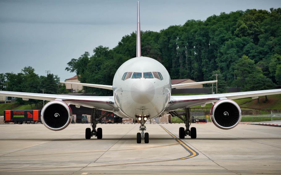 A Patriot Express flight carrying U.S. service members and their families arrives at Osan Air Base, South Korea, July 14, 2020.