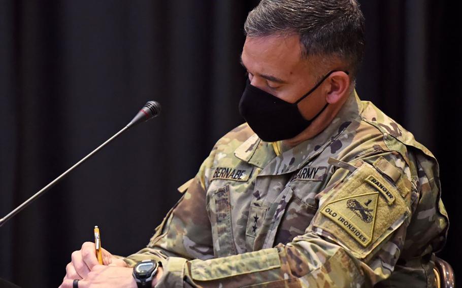 Maj. Gen. Sean Bernabe, the 1st Armored Division and Fort Bliss senior commander, jots down notes moments before going live at his first Fort Bliss coronavirus Facebook Town Hall on Oct. 22, 2020.